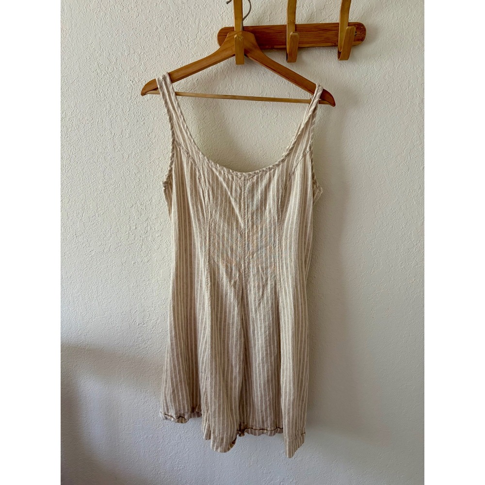 Universal Thread Women's M Beige Striped Linen Blend Mini Dress Smocked Pockets
